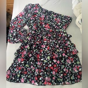 Floral one shoulder ruffled belted mini dress